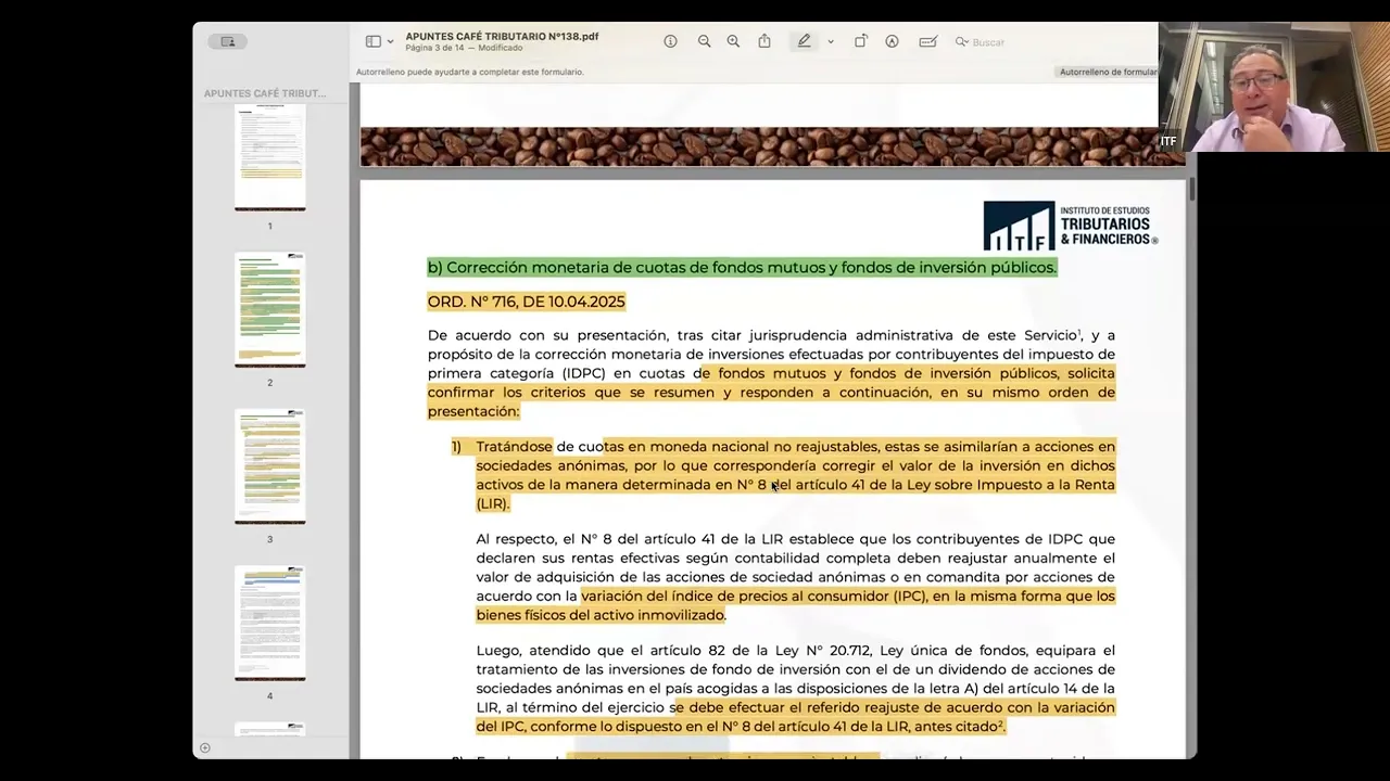 Profesor Christian Delcorto analiza oficio 716 del SII / Corrección Monetaria de Cuotas de Fondos.
