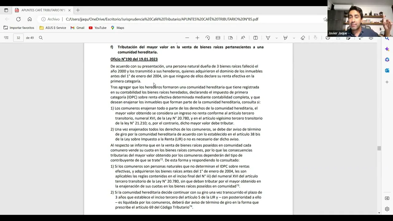 Profesor Javier Jaque analiza Oficio 190 del SII | Tributación del mayor valor en la venta de…